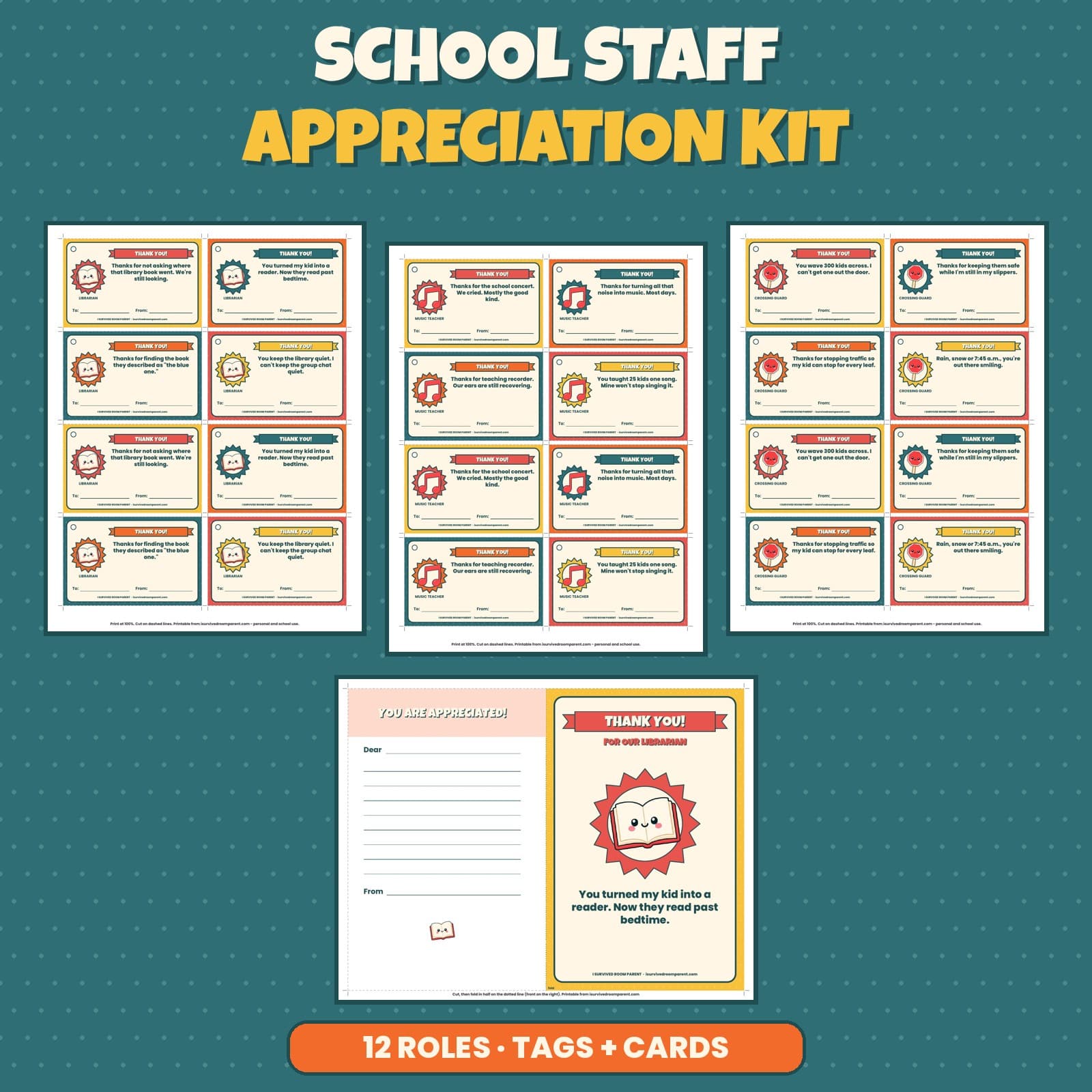 School staff appreciation printable kit with librarian, music teacher and crossing guard thank you tags and a librarian card