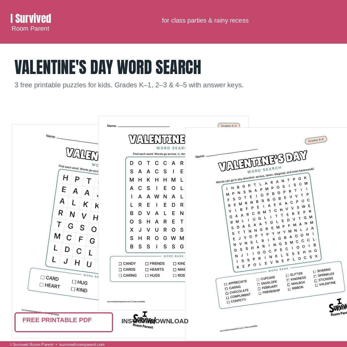 Free printable Valentine's Day word search for kids, grades K-1 through 4-5