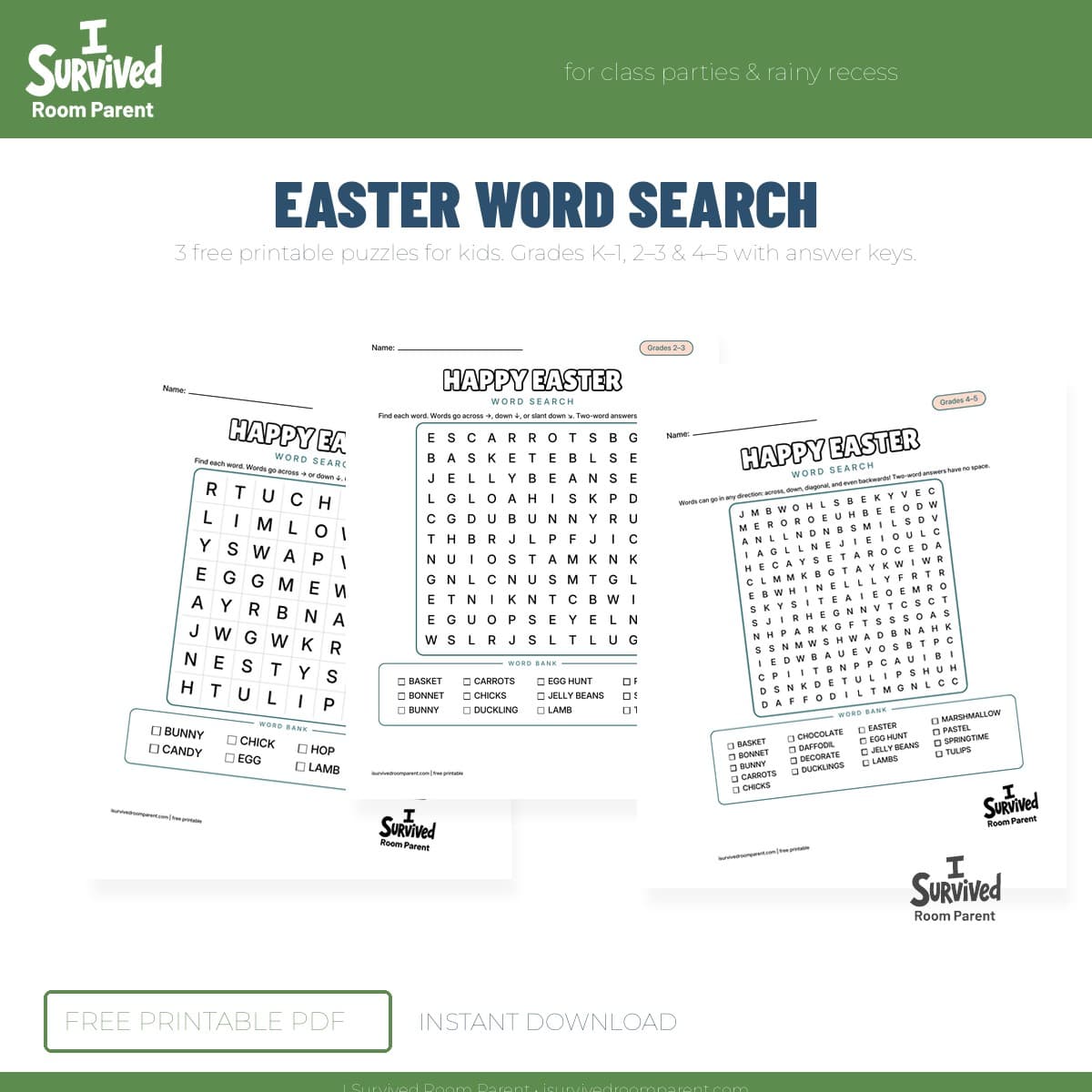 Free printable Easter word search for kids, grades K-1 through 4-5