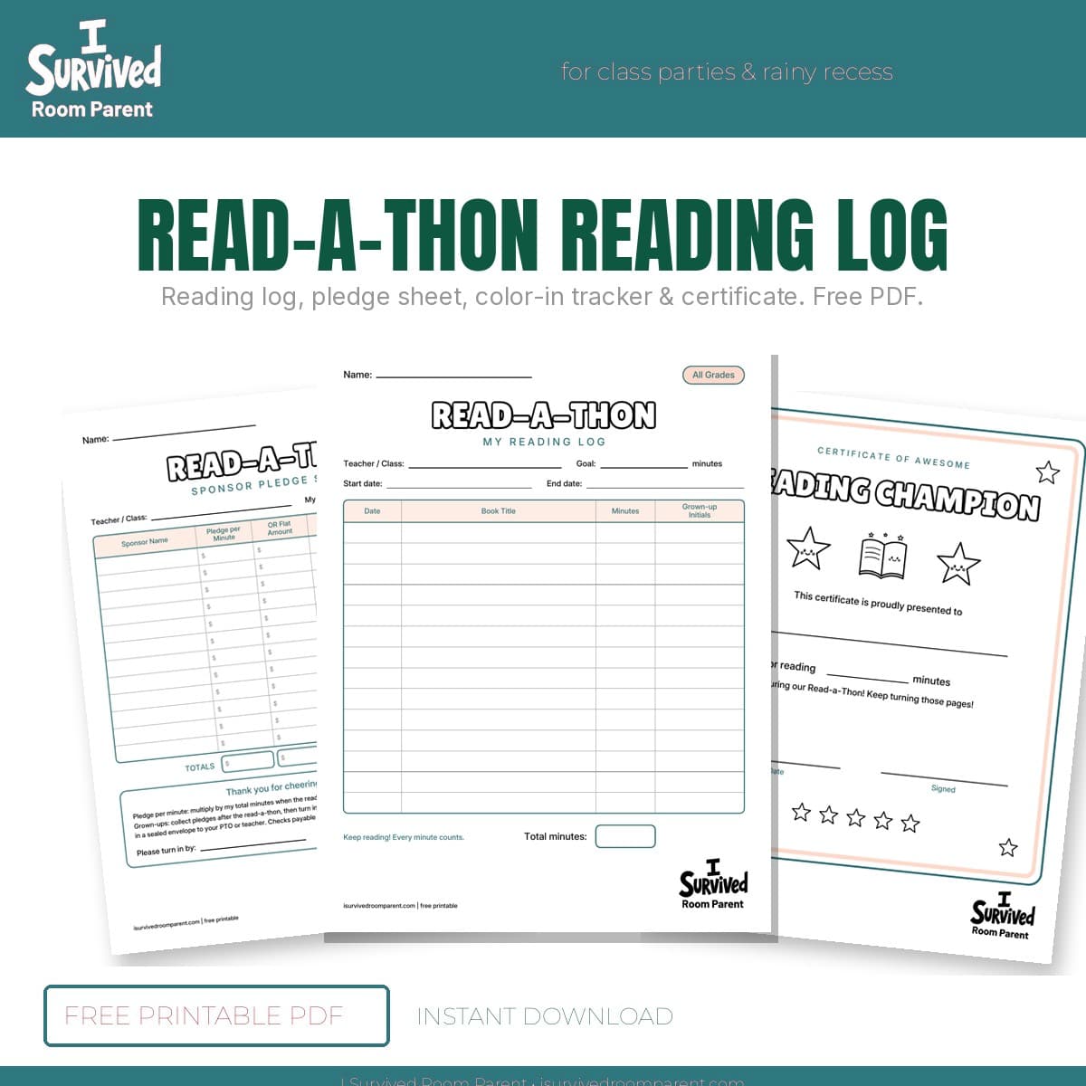 Free Read-a-Thon reading log printable pack with pledge sheet, tracker and certificate