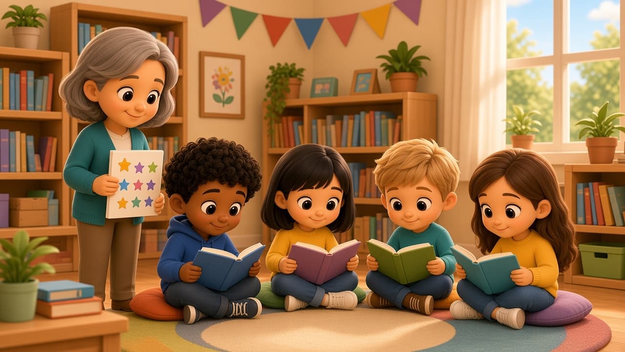 Bright chibi parent with gray hair in a teal cardigan holds up a star sticker chart while four kids read books on floor cushions in a sunny school library.