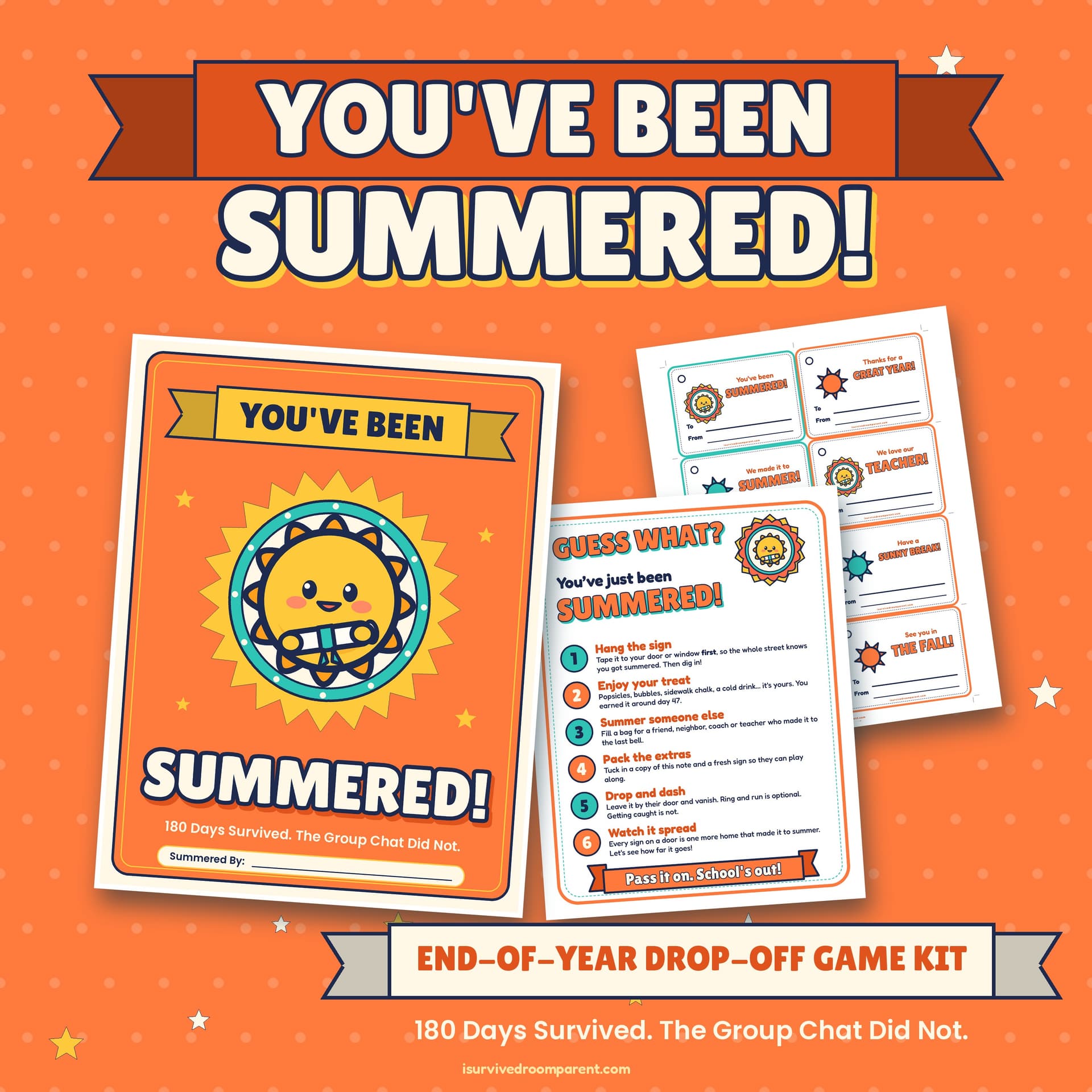 You've Been Summered end-of-year drop-off printable kit with a cute glossy sun mascot holding a rolled diploma