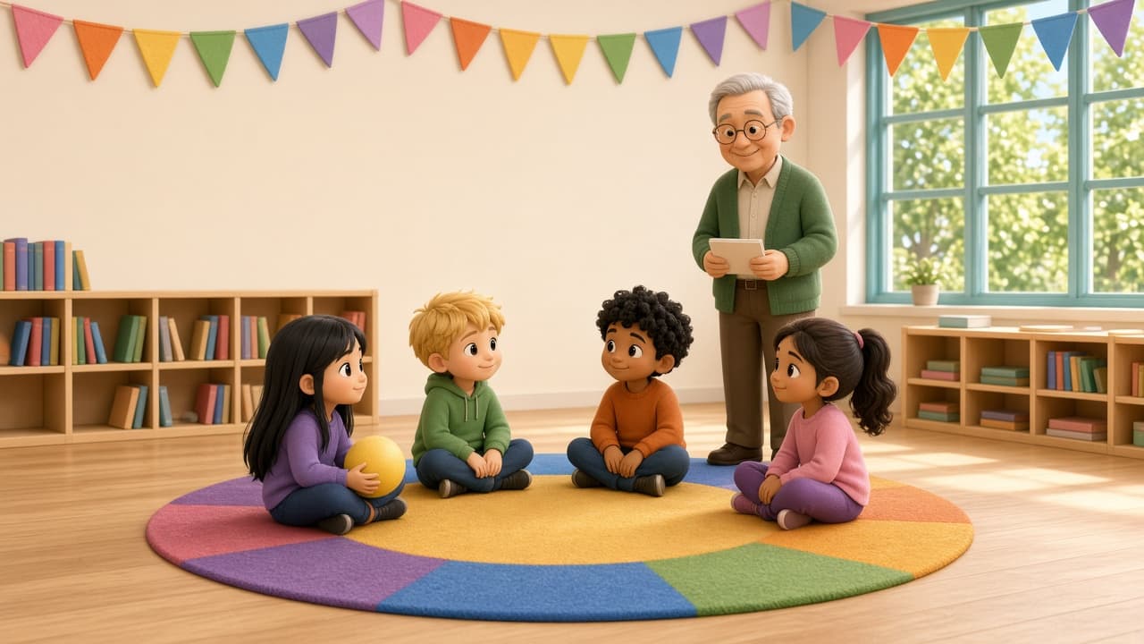 Bright chibi kids sit in a circle on a colorful classroom rug for a getting-to-know-you game, one holding a yellow ball, as a smiling grandpa in a green cardigan holds question cards.
