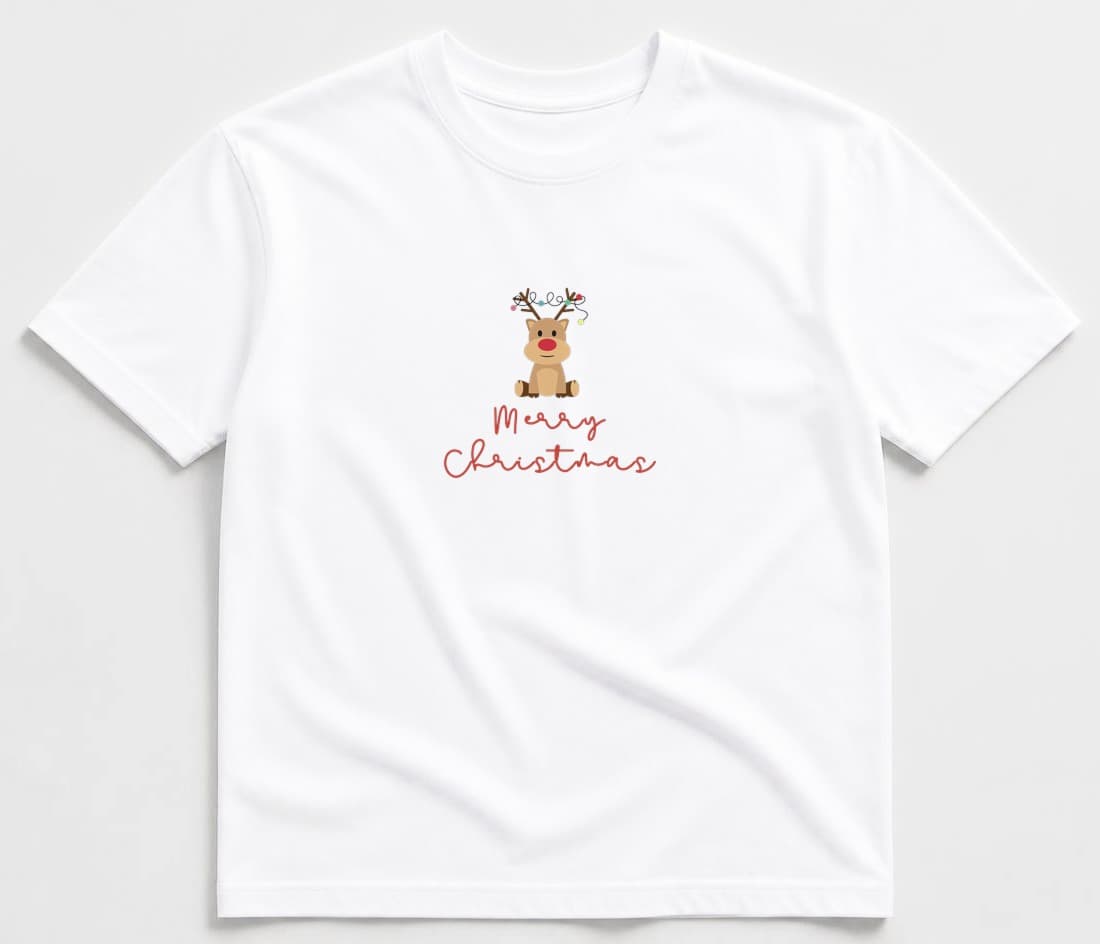 White men's t-shirt flat-lay with the original cartoon reindeer with a red nose and Christmas lights on his antlers above "Merry Christmas" in red script