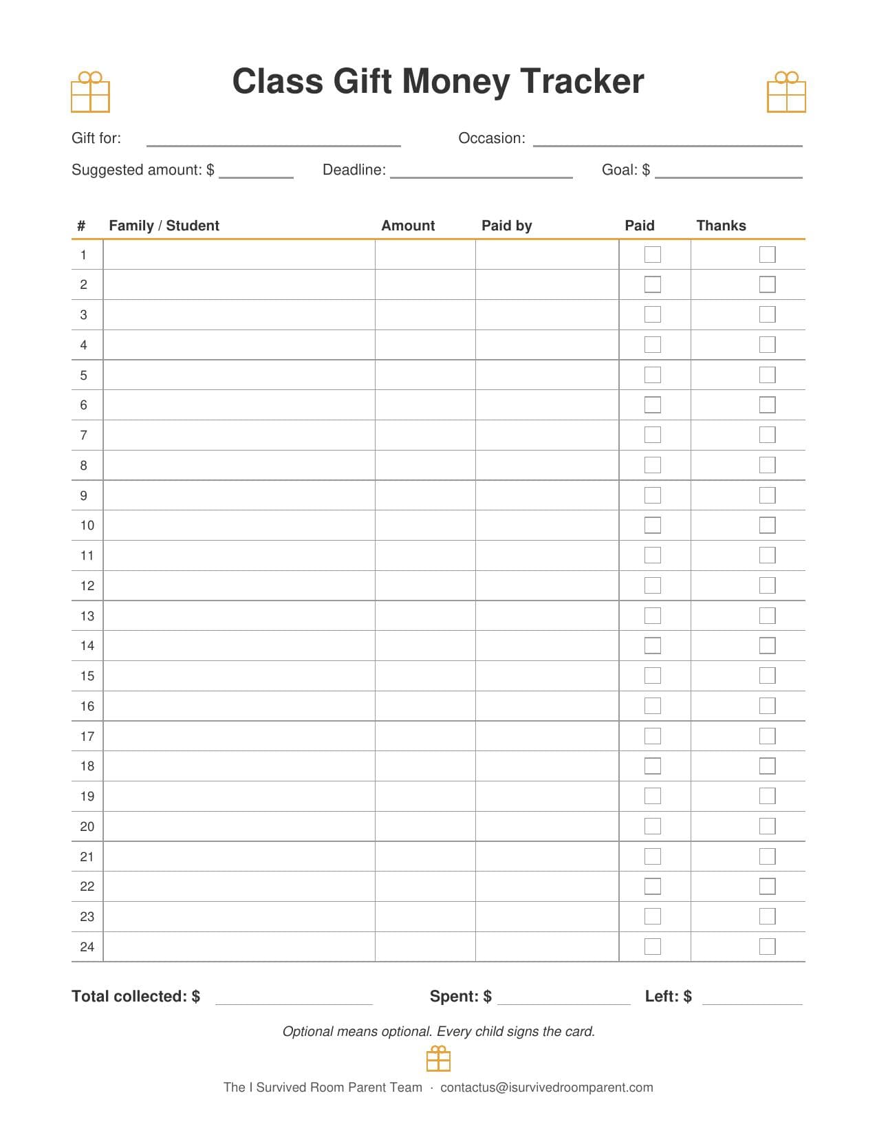 Free Class Gift Money Tracker printable with blanks for gift, occasion and deadline and a 24-row table for family, amount, paid by, paid and thank-you checks