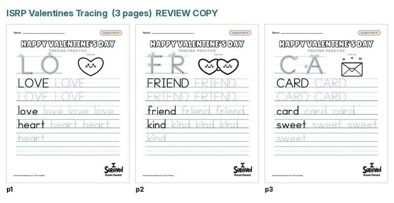 Free Valentine's Day tracing worksheets printable for preschool and kindergarten