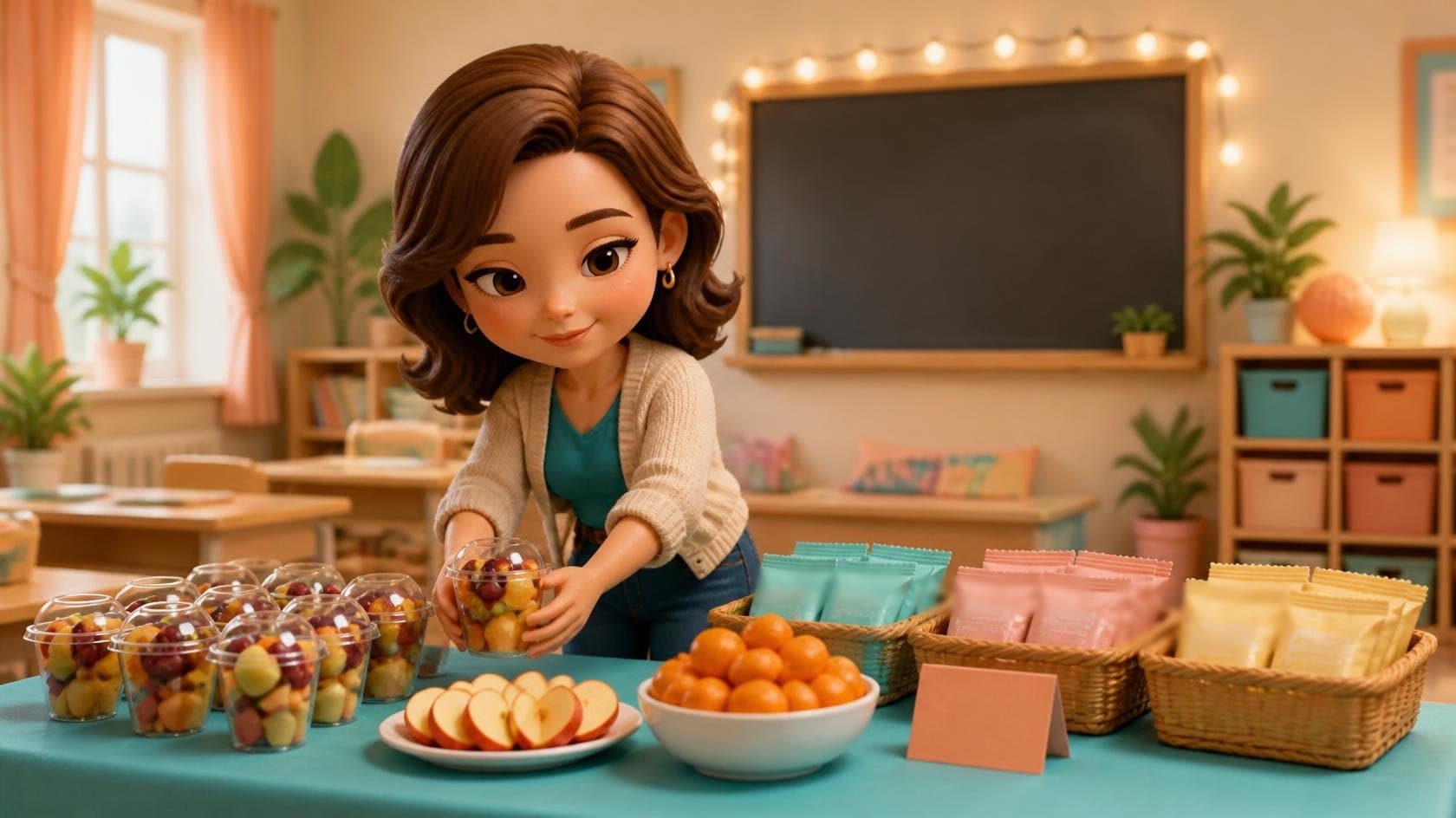 A cute chibi room mom in a cream cardigan setting out an allergy-friendly snack table with fruit cups, apple slices, clementines and wrapped snacks in a classroom.