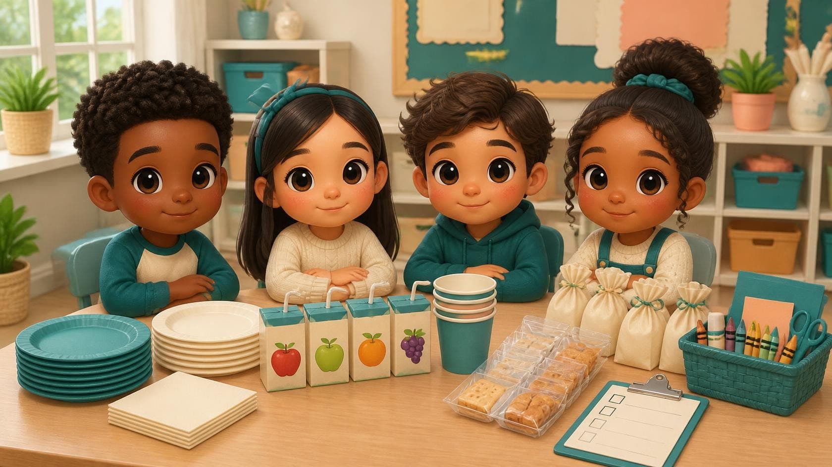 Four cute chibi kids sitting behind a classroom party table set with teal and cream plates, napkins, juice boxes, cups, wrapped snacks, treat bags and a basket of crayons
