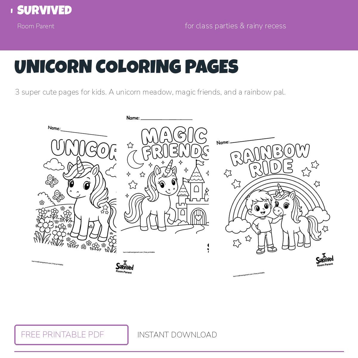 Unicorn coloring pages: a meadow unicorn, magic friends, and a rainbow ride
