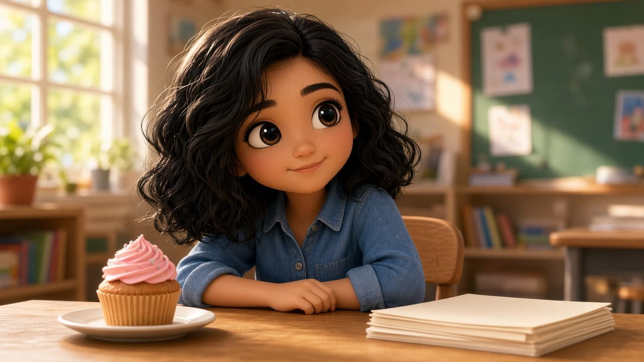 A chibi room parent with dark wavy hair beside one cupcake and a stack of paper.