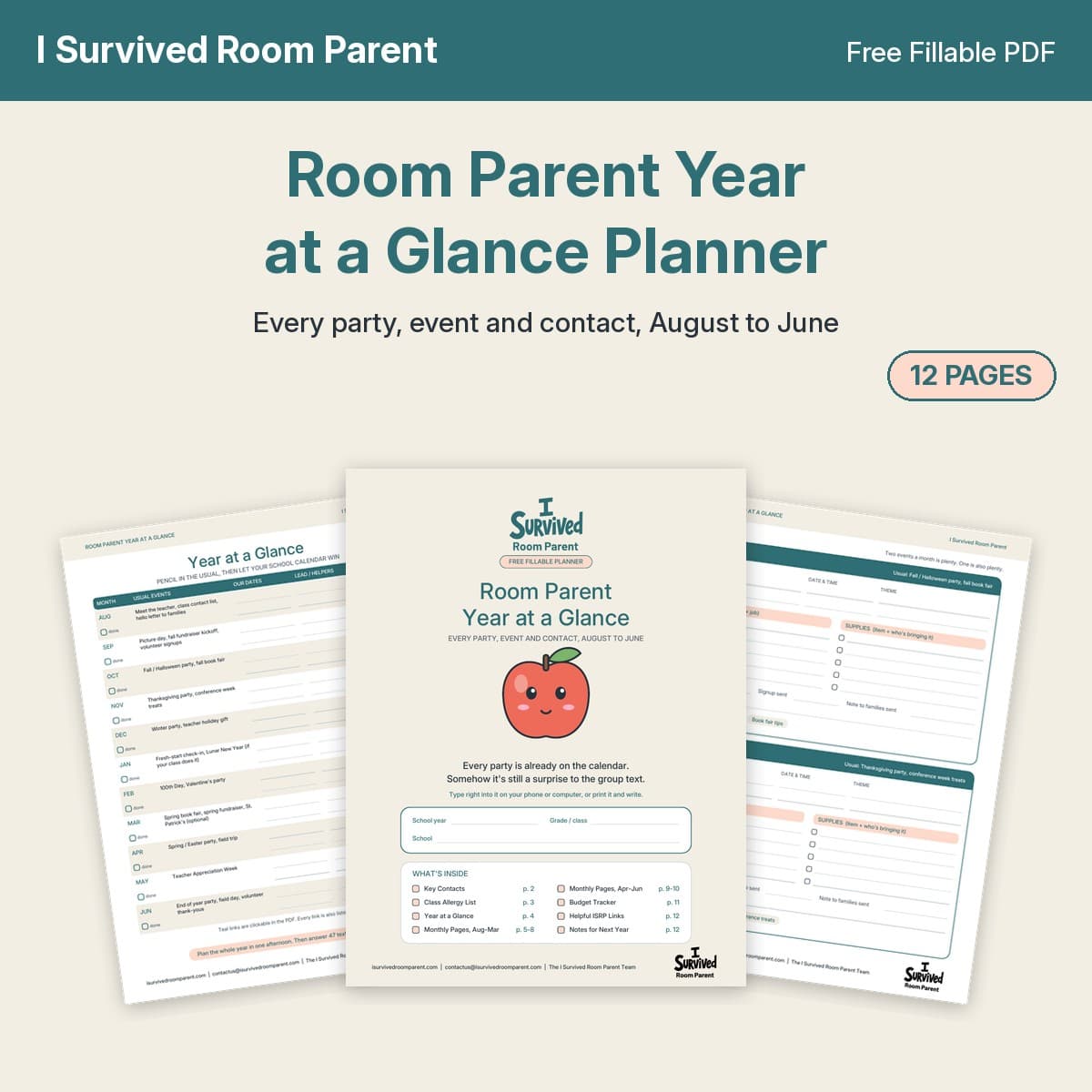Free fillable Room Parent Year at a Glance planner showing a cover with a smiling apple, a school-year overview page and a monthly planning page