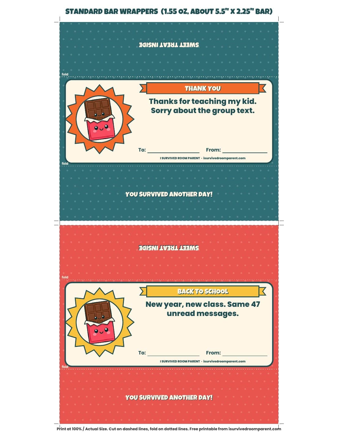 Printable candy bar wrappers in bright teal and coral with a cute chocolate bar mascot, funny room parent sayings and To and From lines