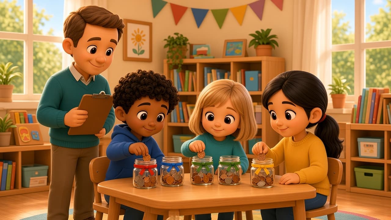 Bright chibi dad in a teal sweater holds a clipboard as three kids drop coins into a row of ribbon-tied class jars on a classroom table during a penny war.