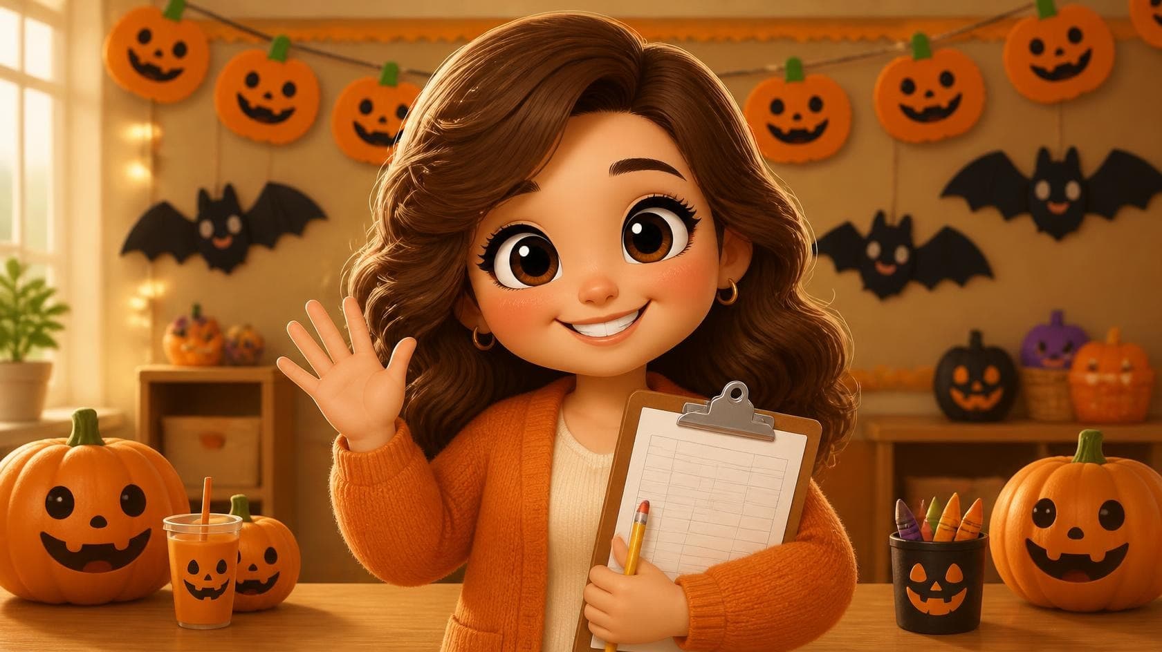 Chibi room mom holding a clipboard with a class party signup sheet in a Halloween classroom