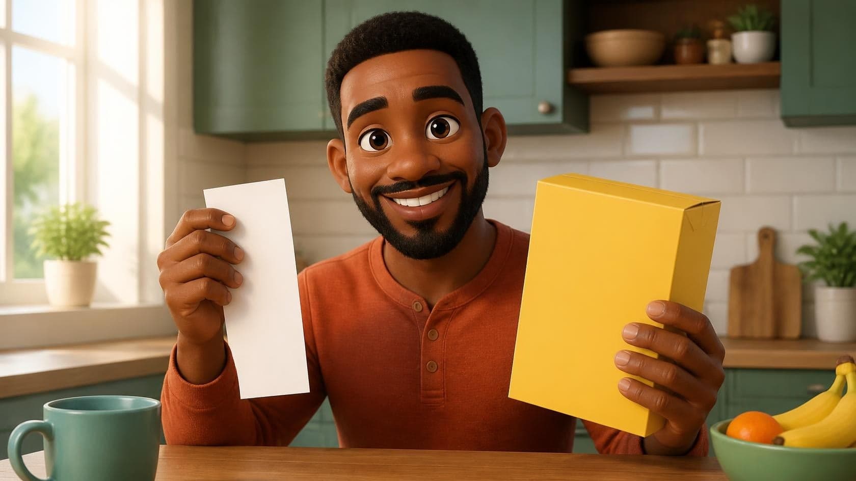 A chibi adult holding a blank receipt and a plain yellow box in a kitchen.