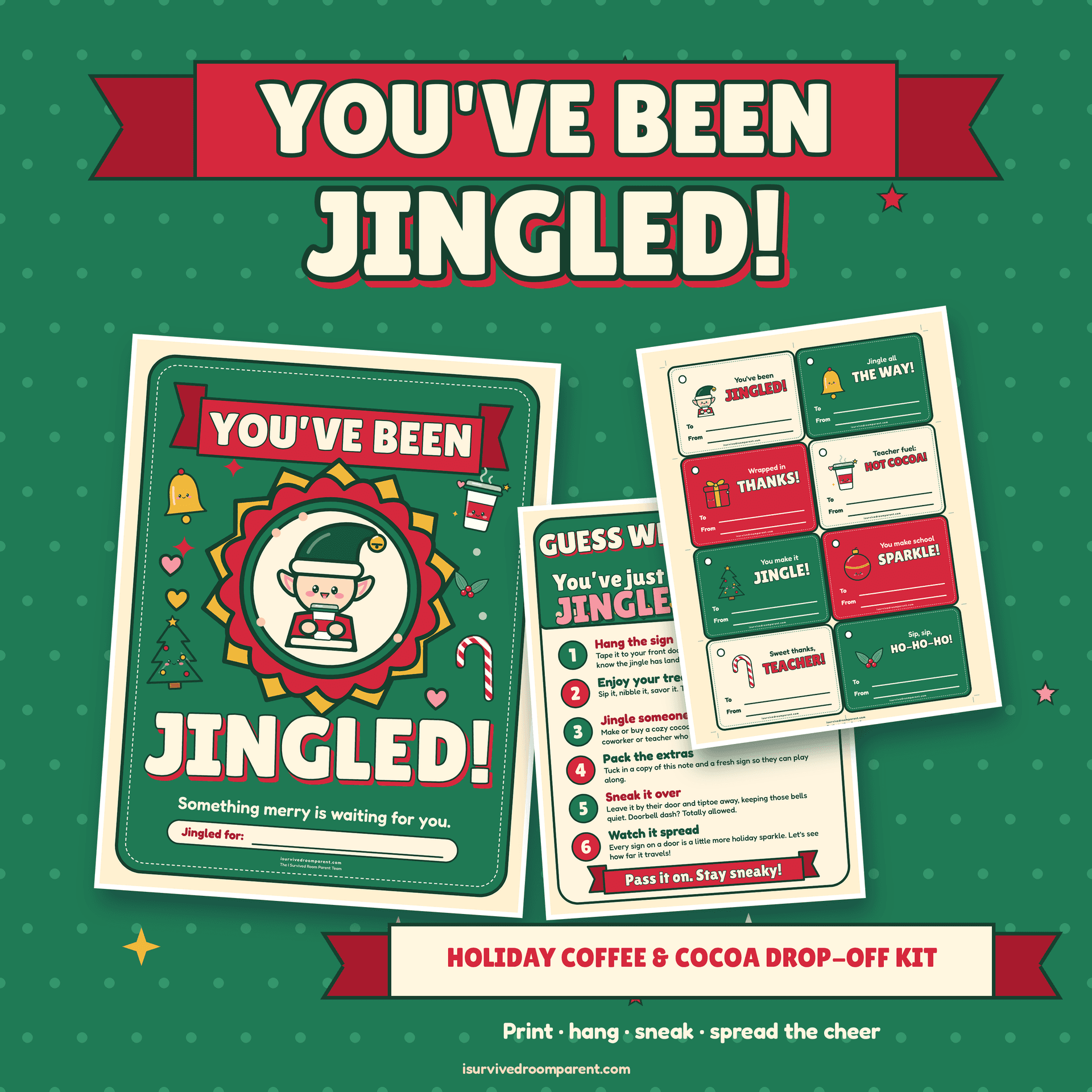 You've Been Jingled Christmas printable kit cover with a green and red elf door sign, a how-to-play note and a sheet of cocoa gift tags beside the title banner