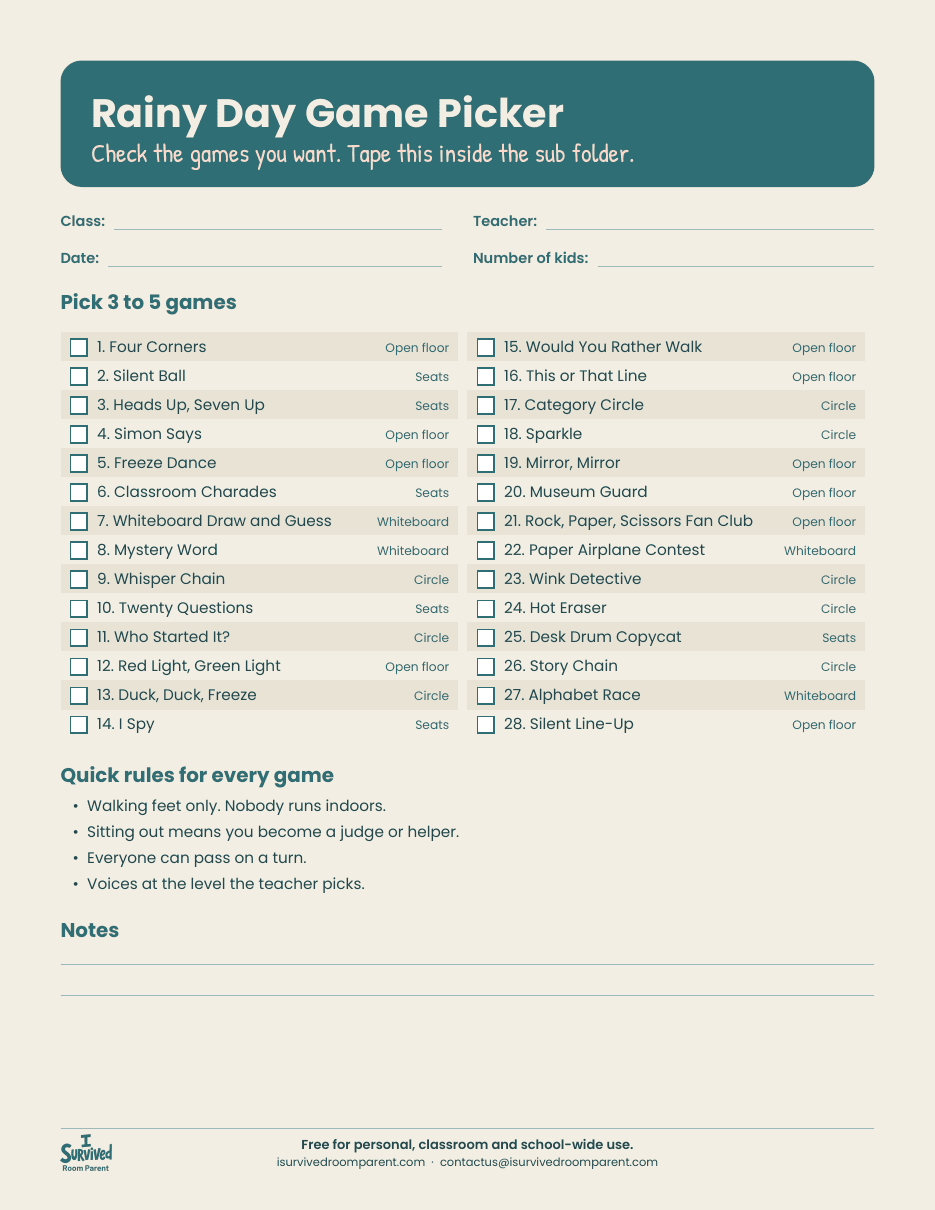 Teal and cream fillable rainy day game picker with checkboxes for 28 indoor recess games, quick rules and a notes section