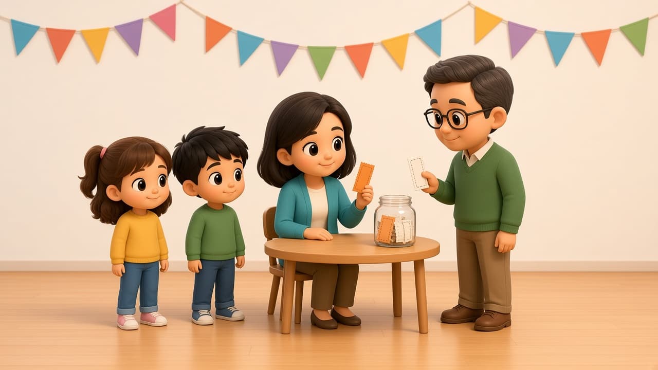 Bright chibi room parent in a teal cardigan holds an orange raffle ticket beside a jar of ticket stubs at a round table as a dad with glasses and two kids look on under bunting.
