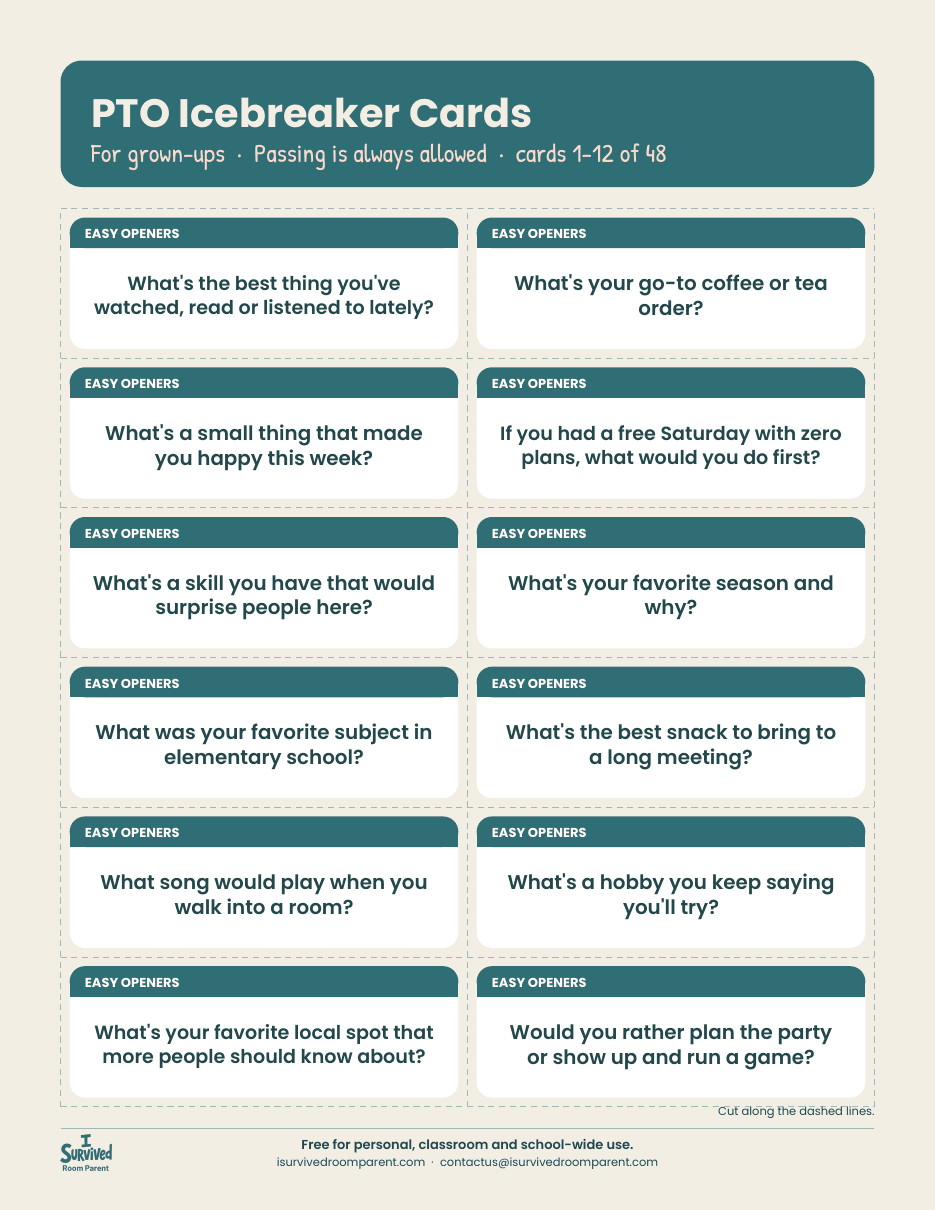 Printable PTO icebreaker question cards for parent meetings, twelve teal-labeled easy opener cards per page with dashed cut lines