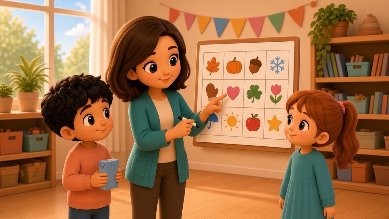 Bright chibi room parent in a teal cardigan points to a wall calendar of seasonal icons, from a leaf and pumpkin to a snowflake, heart, tulip and sun, as two kids look on.
