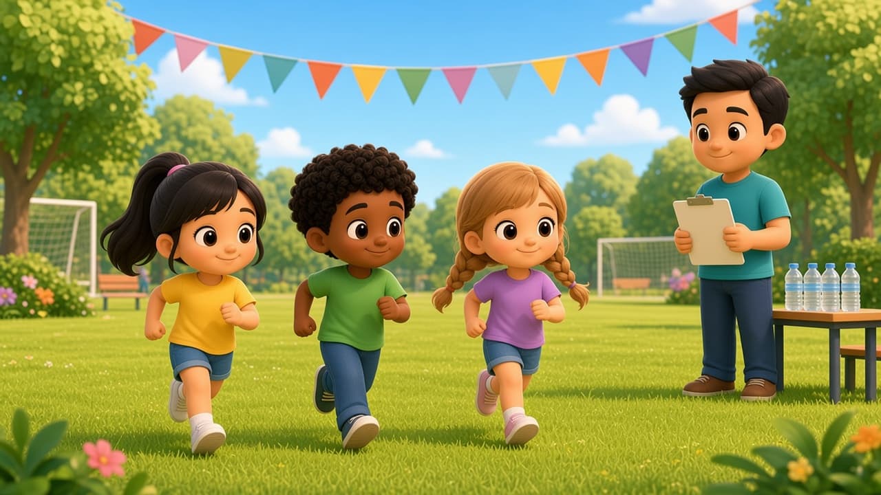 Three bright chibi kids jog across a sunny school field under colorful bunting while a dad in a teal tee holds a clipboard beside a table of sealed water bottles.