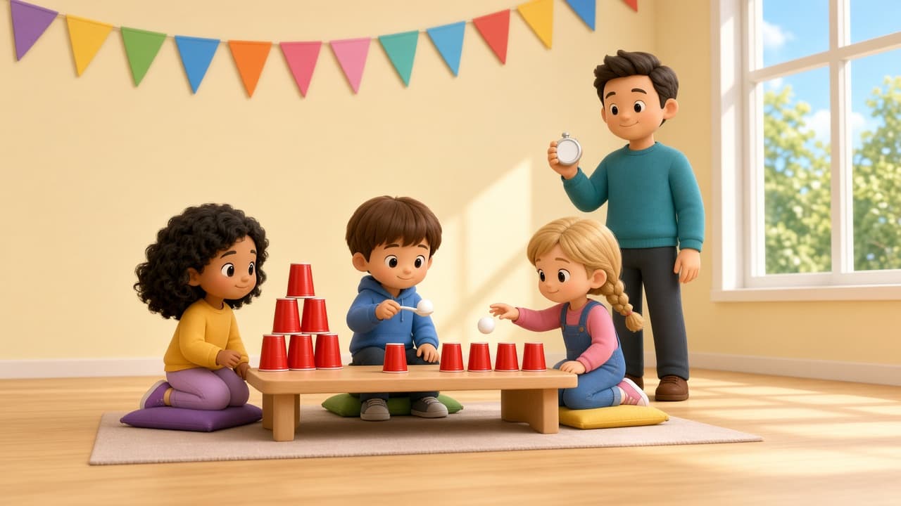 Bright chibi kids play Minute to Win It games at a low classroom table, stacking a red cup pyramid, balancing a ping pong ball on a spoon and tossing a ball at cups, as a dad holds a stopwatch.