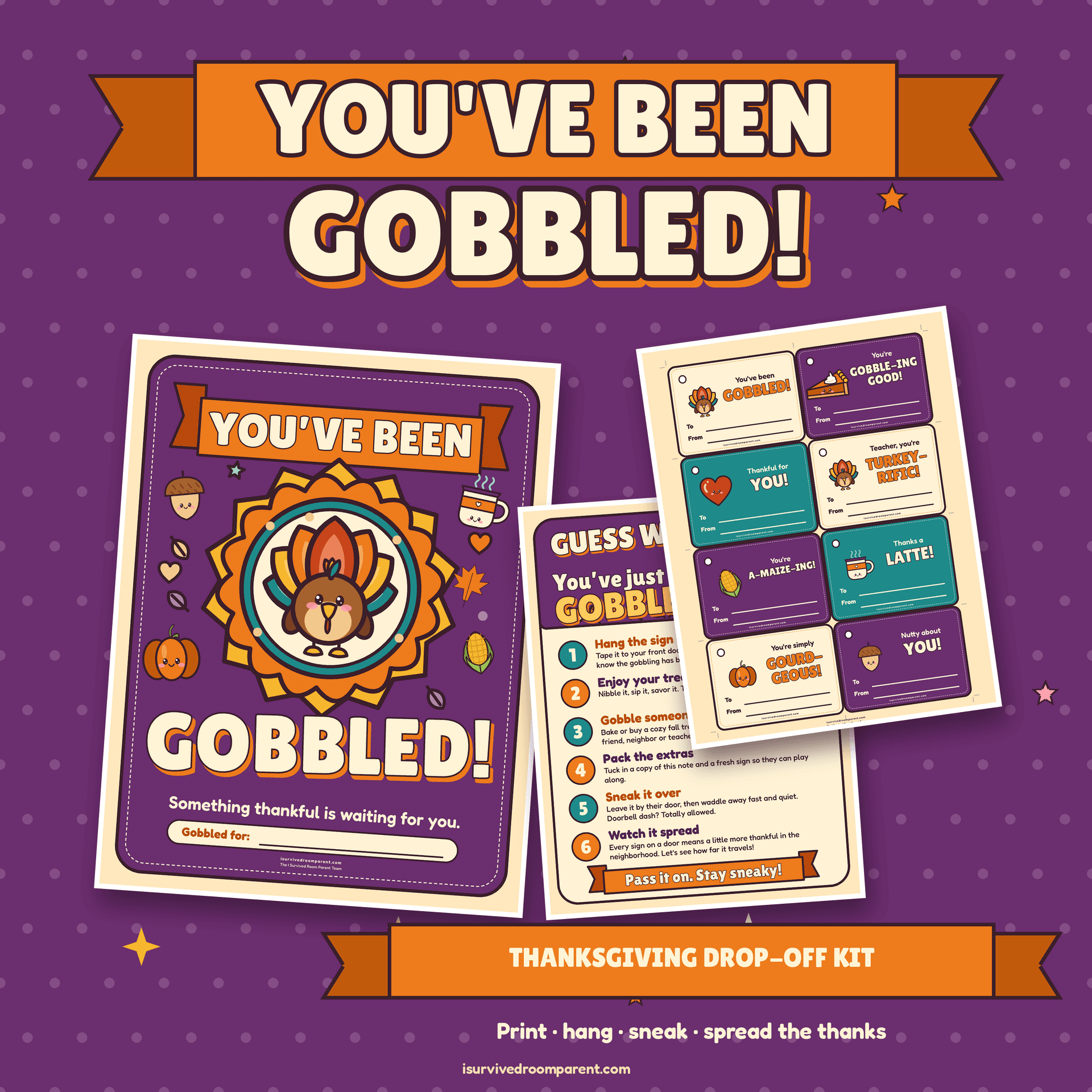 You've Been Gobbled Thanksgiving printable kit cover with a plum and pumpkin door sign, a how-to-play note and a sheet of turkey gift tags under the title banner