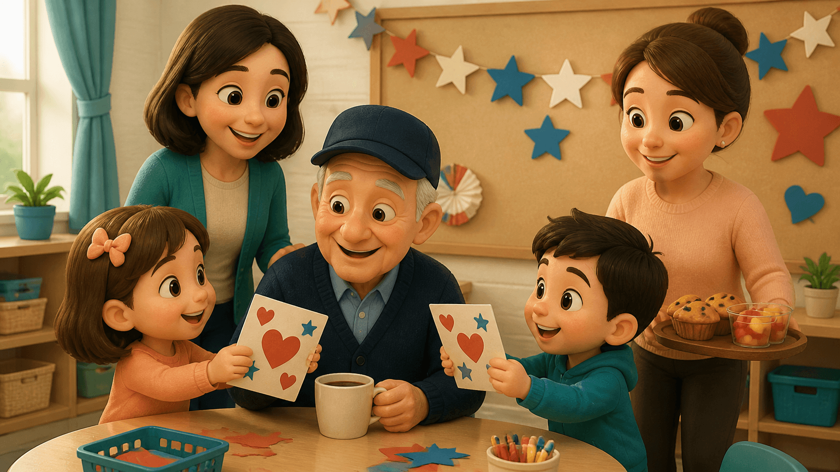 Chibi kids hand handmade heart and star thank-you cards to a smiling veteran grandpa with coffee in a cozy classroom, as a room mom brings muffins and a teacher looks on.