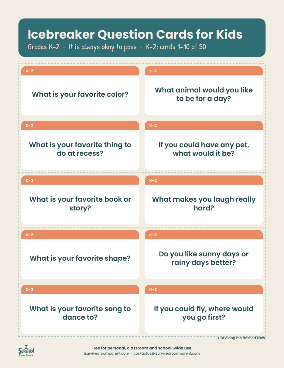 Printable icebreaker question cards for kids in grades K-2, ten coral-labeled cards per page with dashed cut lines