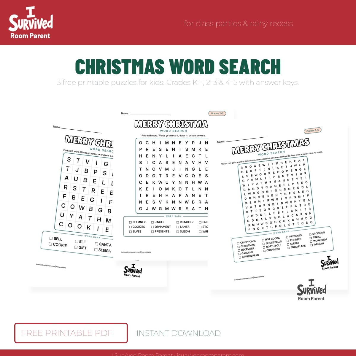 Free printable Christmas word search for kids, grades K-1 through 4-5