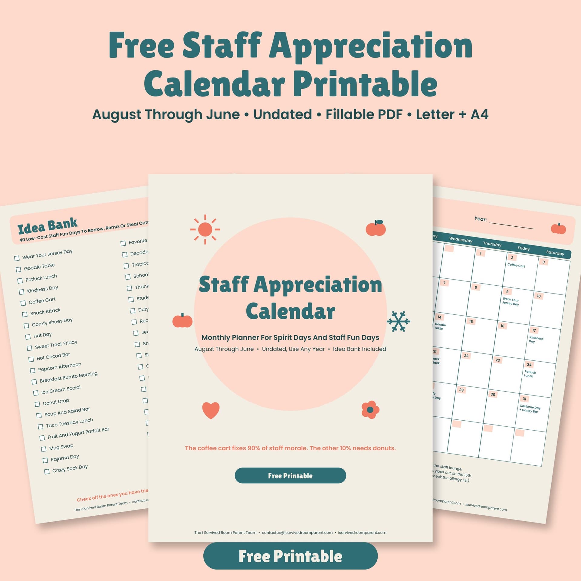 Free staff appreciation calendar printable showing the cover, Idea Bank and an example month