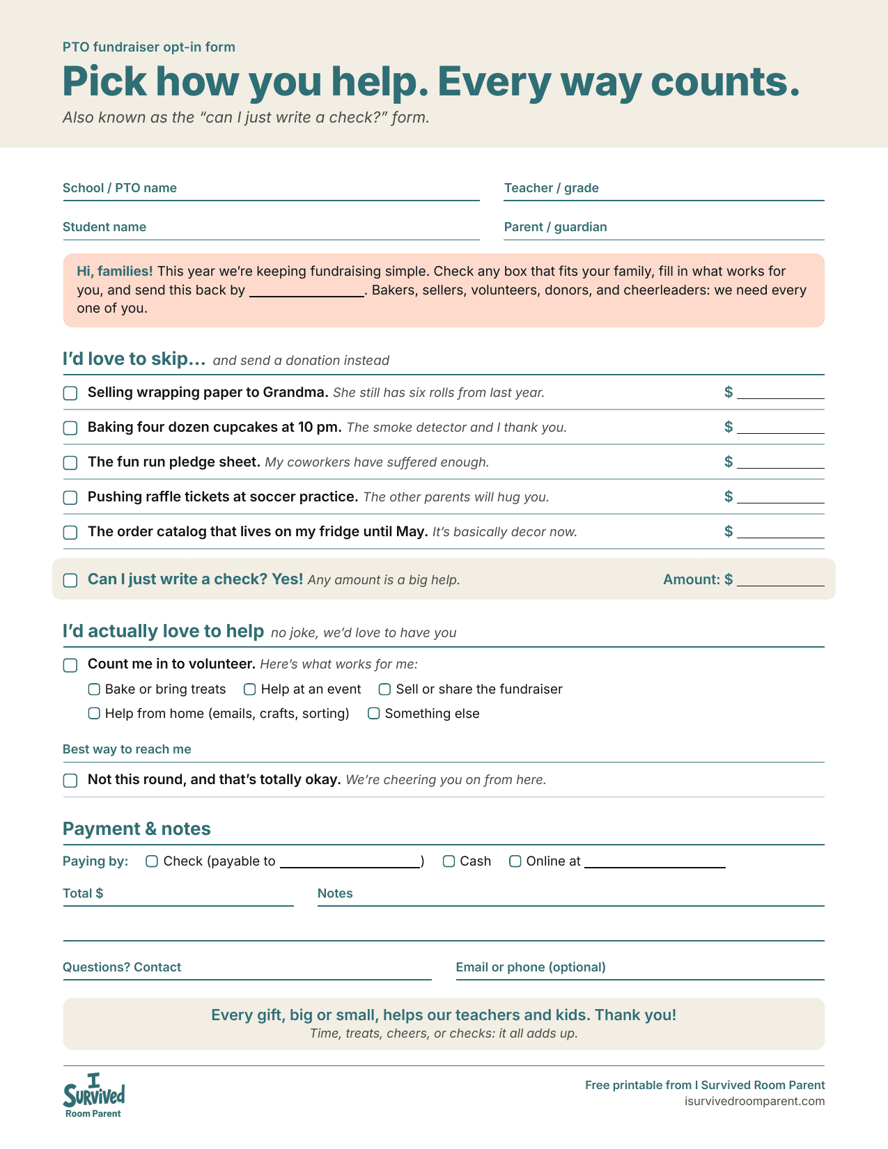 Printable PTO fundraiser opt-in form with funny skip-it checkboxes, a write-a-check option, volunteer sign-up, and blank donation lines.