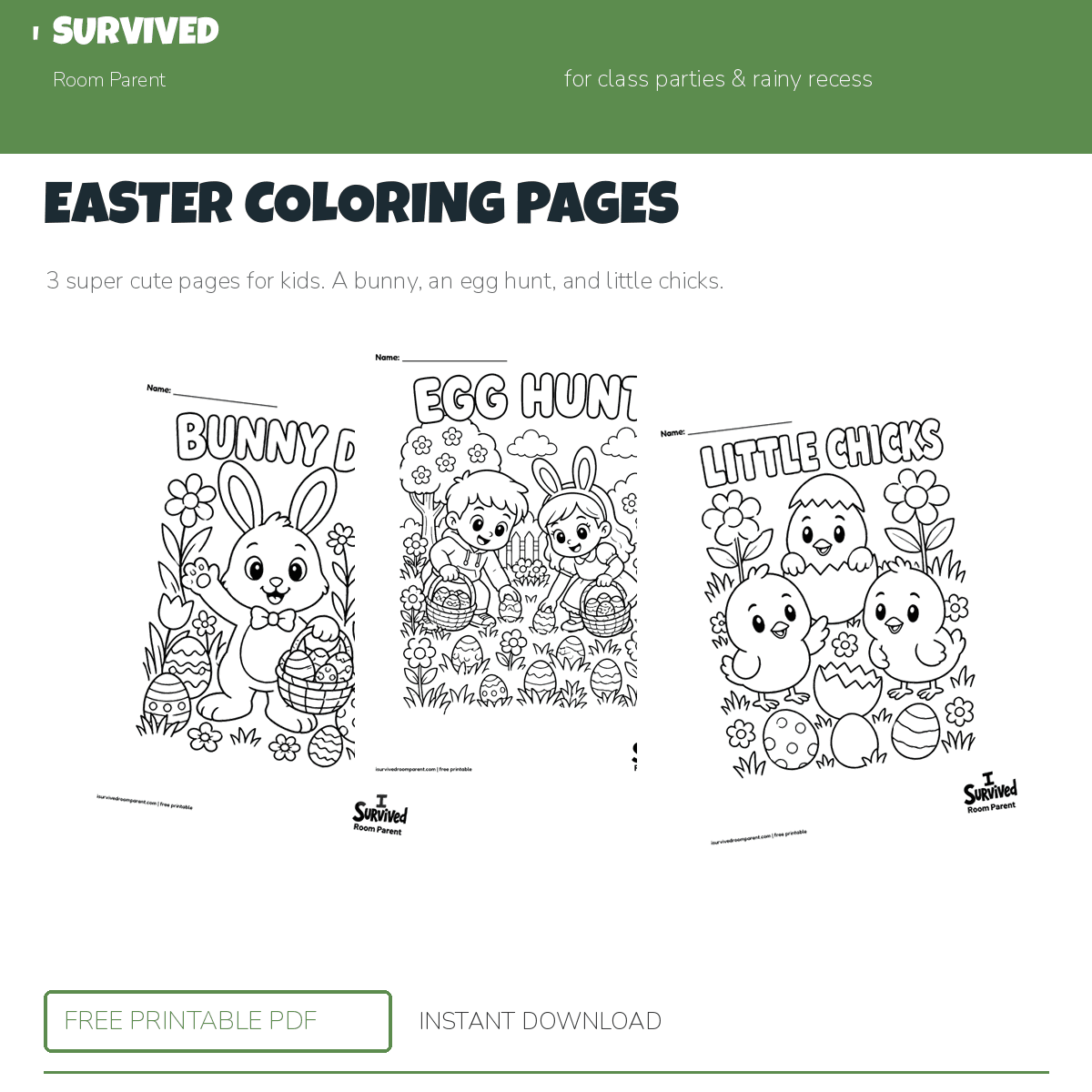 Easter coloring pages: bunny day, an egg hunt, and little chicks