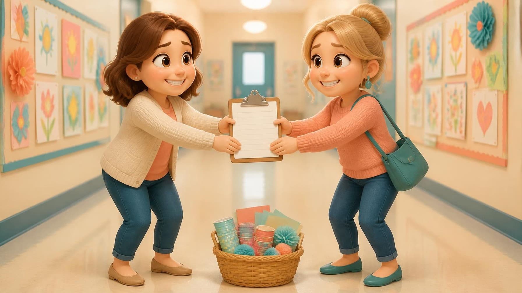 Two cartoon room moms in a school hallway both reaching for the same clipboard with awkward friendly smiles, a basket of party supplies at their feet