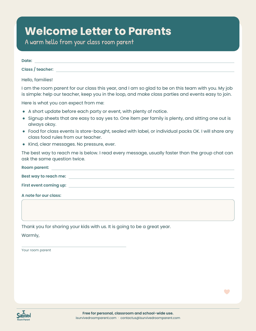 Editable room parent welcome letter to parents with teal header, fill-in date, class and contact lines and a note box
