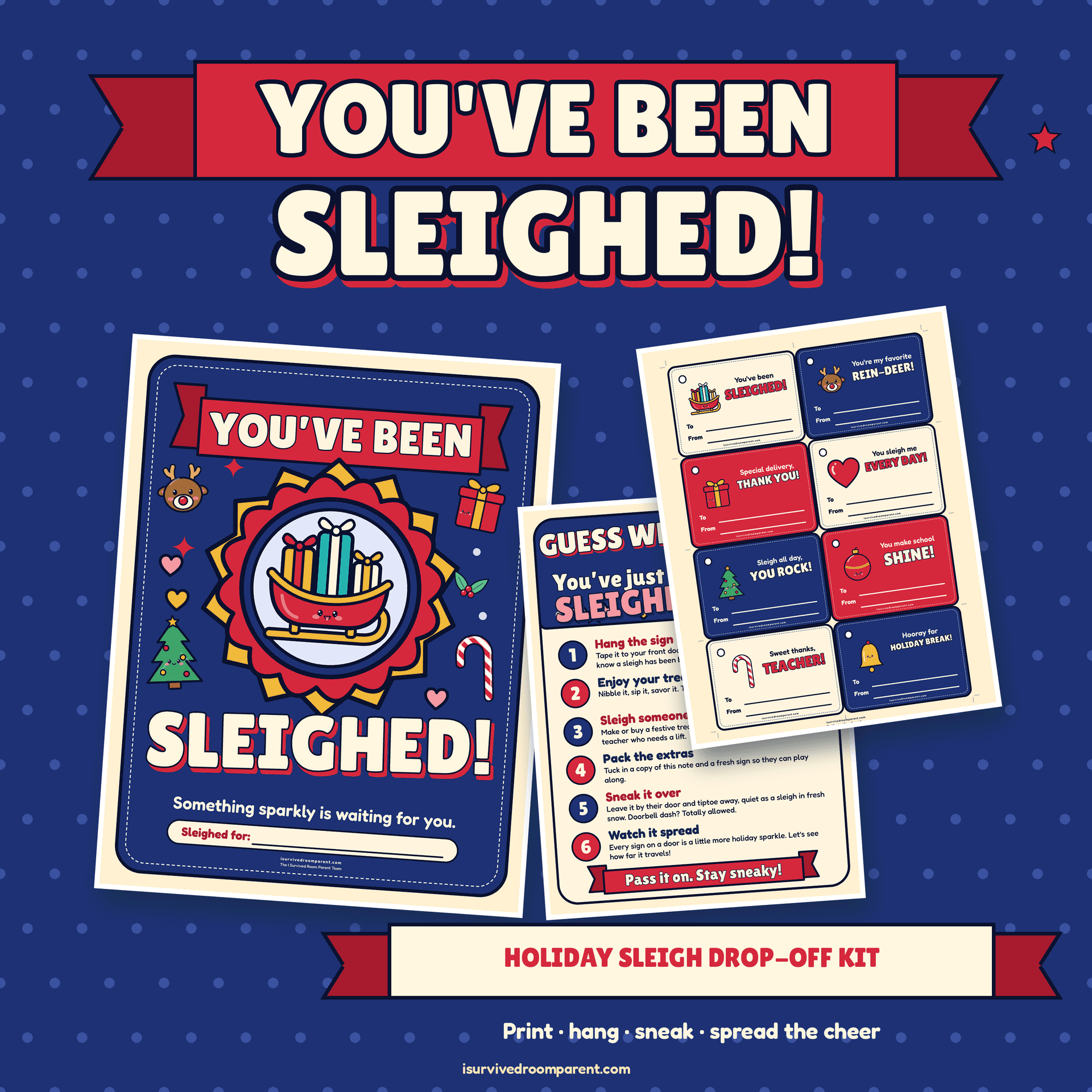 You've Been Sleighed Christmas printable kit cover with a navy and red sleigh door sign, a how-to-play note and a sheet of reindeer gift tags beside the title banner