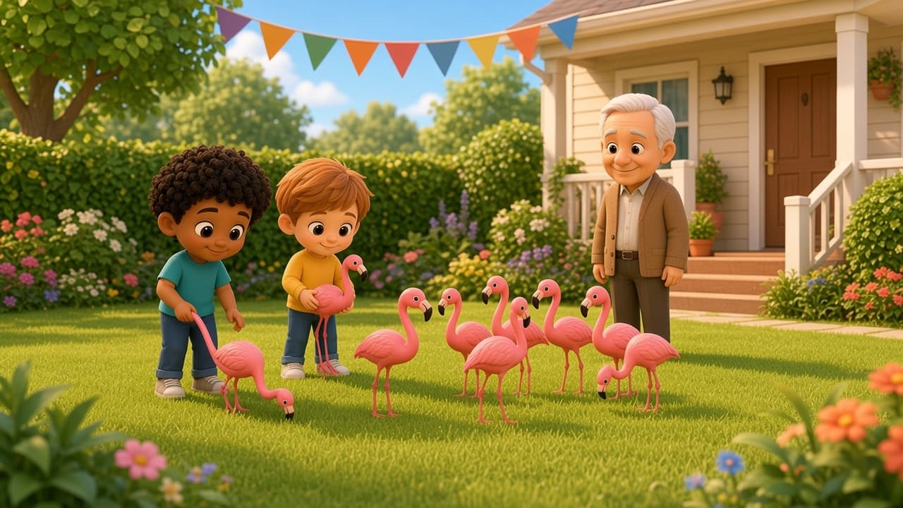 Two bright chibi kids place pink plastic lawn flamingos on a sunny front lawn while a smiling white-haired grandpa watches from beside the porch.