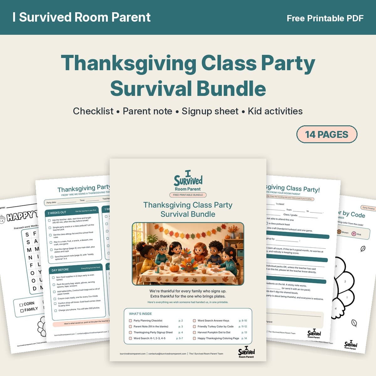 Free Thanksgiving class party printables bundle showing the survival bundle cover with chibi kids, a party checklist, a parent note, a word search and a turkey color by code page