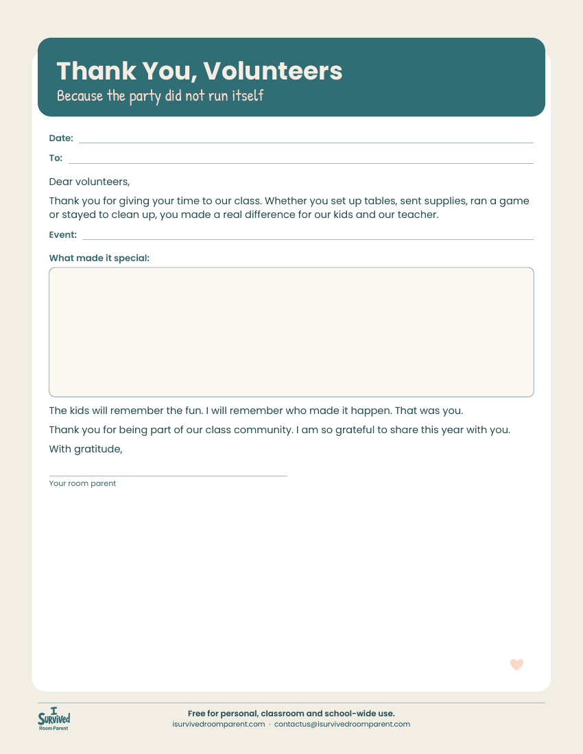 Editable volunteer thank-you letter with teal header, event line, a large what made it special box and a signature line