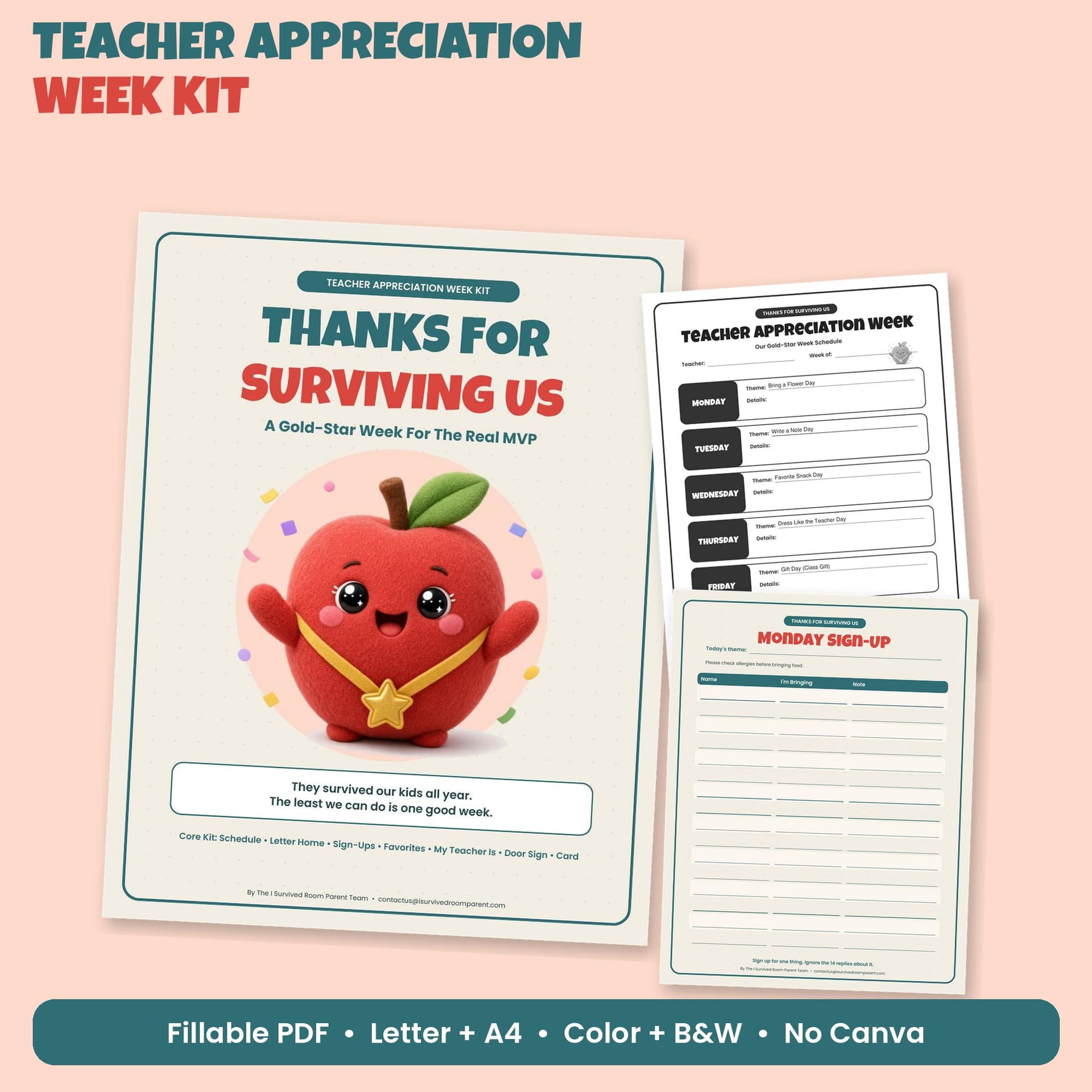 Thanks For Surviving Us Teacher Appreciation Week printable kit cover with a cute plush apple mascot in a gold-star medal
